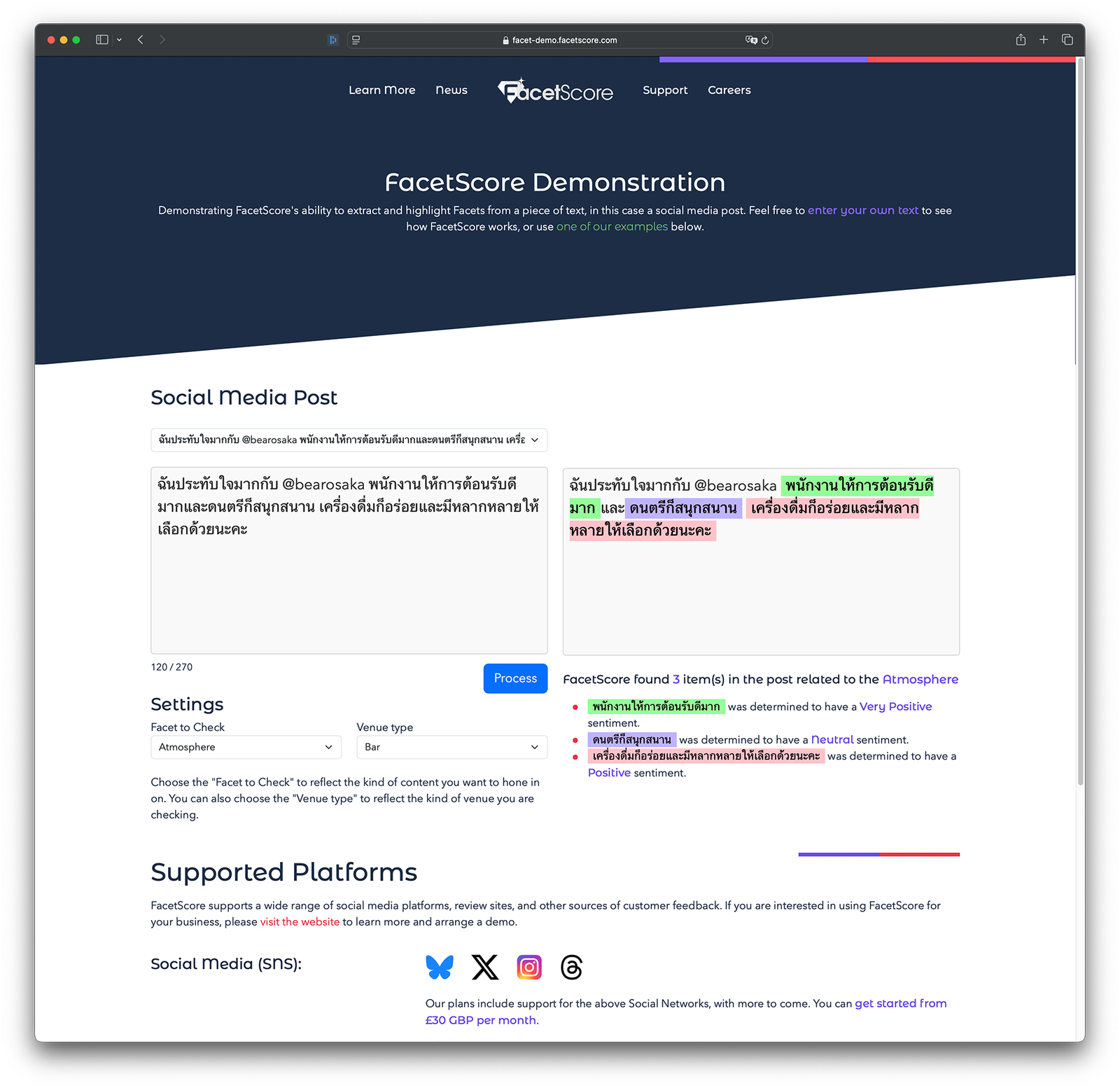 Example of FacetScore extracting details about the Atmosphere of a venue from a Thai social media post.